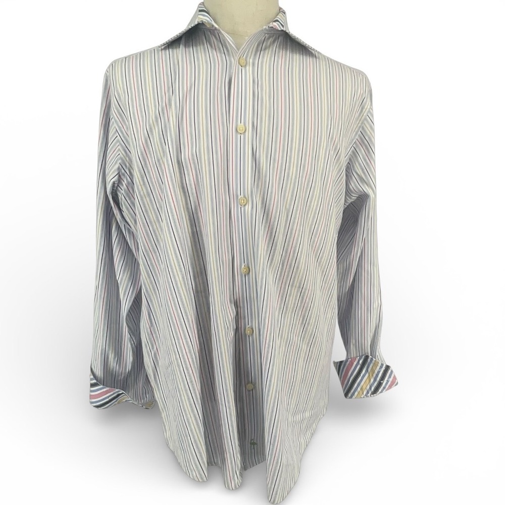 Tailorbyrd Mens‎ L Button Down Shirt Multi Color Stripe Cotton Contrasting Cuff